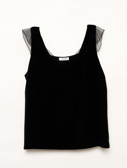  Fluid black tank top in silk and lace